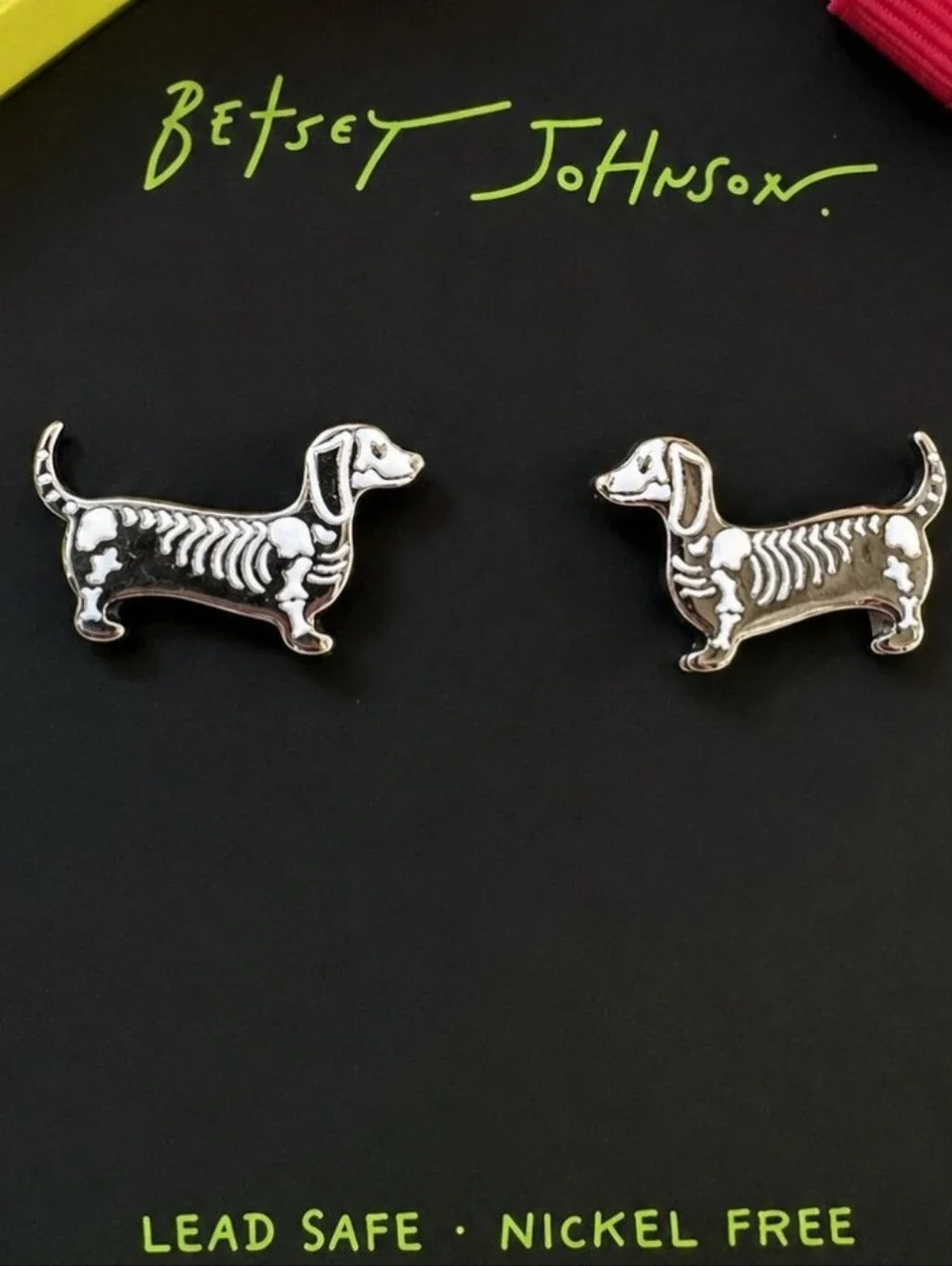 Betsey Johnson Weiner Dog Skeleton Stud Earrings NWT